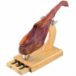 JAMONERO DE MADERA CON CAJON Y CUCHILLOS */