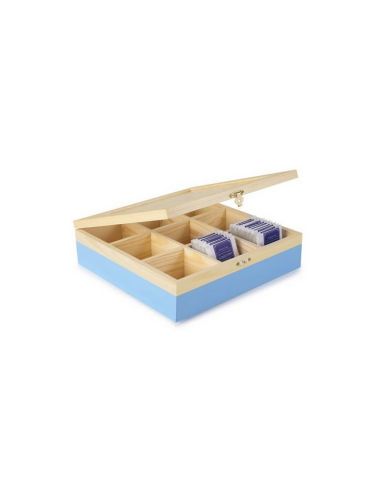 CAJA DE TE MADERA AZUL ,SOBRES  9 HUECOS *-